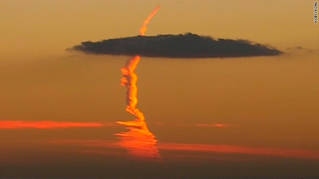 Video shot by a news helicopter operated by KCBS/KCAL shows a contrail ascending high into the atmosphere.