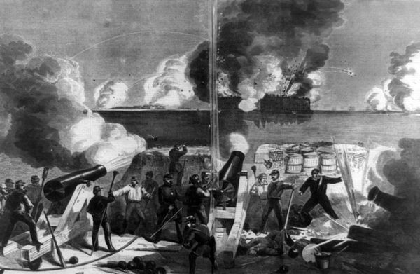 Photo: Illustration of Sumter under heavy bombardment. 