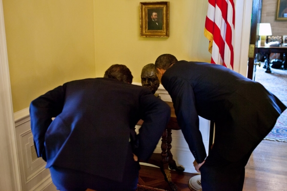 President Barack Obama shows Prime Minister David Cameron of the United Kingdom a bust of Sir Winston Churchill (July 20, 2010)